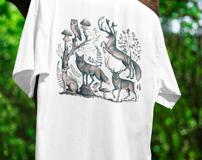 Featured listing image: Mystic Forest Creatures TShirt Enchanted Woodland Animal Art Vintage Botanical Design Tee Mythical Nature Lover Tee Fantasy Pets Shirt