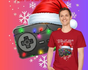 Gaming Christmas Controller T-Shirt, Video Game Gamer Tee, Santa Hat Gaming Shirt, Holiday Gaming Top, Christmas Lights Gamer Apparel
