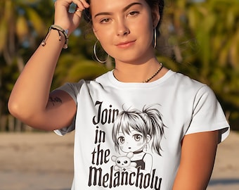 Women's Melancholy Shirt Gothic Anime Girl T-Shirt Join in the Melancholy Kawaii Manga Tee Alternative Aesthetic Shirt Sad Girl Graphic Tee