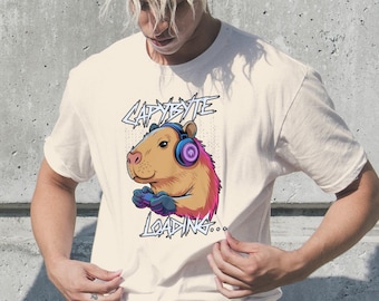 Capybara Gamer Shirt Cute Funny Graphic Tee, Neon Retro Aesthetic Tshirt with Headphones Controller, Unisex Gift for Men Women Teens Boys