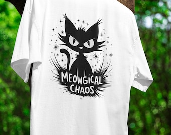 Meowgical Chaos T-Shirt Mystical Black Cat Graphic Tee Funny Unique Shirt Amazing Gift for Cat Lovers Whimsical Design Fans Fantasy Clothing