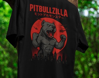 Pitbullzilla T-Shirt Funny Pitbull Shirt Japanese Style Dog Tee Godzilla Parody Gift for Dog Lovers Unisex Black T-Shirt Pop Culture Tee
