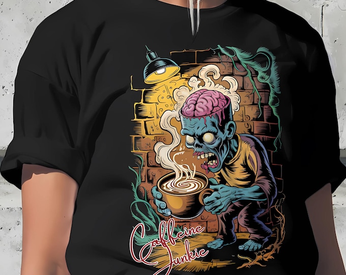 Featured listing image: Caffeine Junkie T-Shirt Funny Coffee Addict Graphic Tee Unisex Zombie Coffee Lover Shirt Halloween Gift for Him Her Tee Monster