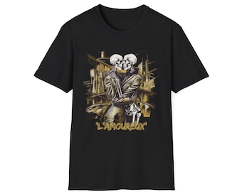 Urban Requiem Shirt The Eternal Kiss Gothic Unisex Softstyle T-Shirt Skeleton Love Tee Urban Art Shirt Stylish Love Beyond Time Gift