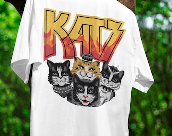 Retro Katz Graphic T-Shirt Vintage Cat Lover Tee Awesome Unique Rock-Inspired Shirt Design for Music Fans Feline Enthusiasts Funny Clothing