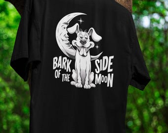 Funny Dog and Moon T-Shirt Bark Side of the Moon Celestial Inspired Pet Lover Tee Quirky Dog Shirt for Animal Enthusiasts, Unique Casual Tee