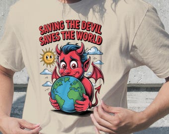Saving the Devil TShirt Unisex Graphic Tee Cute Devil Shirt Eco-Friendly Fashion Funny Summer Wear Perfect Gift for Friends Tee Lucifer