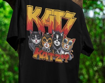 Retro Katz Band Inspired Shirt Bold Cat Lover Graphic TShirt Unique Rock-Themed Design for Music Fans Animal Enthusiasts Pet Lovers Clothing