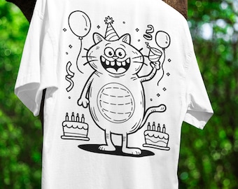 Funny Party Cat Shirt Unique Birthday Celebration Tee for Cat Lovers Quirky Cartoon Style T-Shirt Special Occasion Graphic Fun Gift Clothing