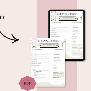 Könnte beinhalten: Eine Vorlage für ein Kundenaufnahmeformular für Reinigungsdienste mit Abschnitten für Kundendaten, Serviceinformationen und interne Notizen. Das Dokument enthält den Text 'CLEANING SERVICE' und 'CLIENT INTAKE FORM' sowie ein Haus-Symbol.
