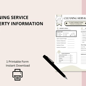 Könnte beinhalten: Ein weißes Reinigungsdienst-Kundenaufnahmeformular mit schwarzem Text und Liniengrafiken, das Abschnitte für Immobilien- und Hausdetails enthält. Ein schwarzer Stift liegt diagonal über dem Dokument. Der Text lautet Cleaning Service Property Information Form, 1 Printable Form Instant Download.