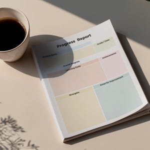 Könnte beinhalten: Ein gedrucktes Fortschrittsbericht-Dokument mit Abschnitten für Student Name, Grade/Class, Overall Progress, Achievements, Learning Goals, Strengths und Areas for Improvement, begleitet von einer Keramiktasse gefüllt mit schwarzem Kaffee.