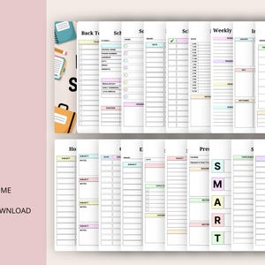 Könnte beinhalten: Ein Back-to-School-Planer bestehend aus 20 druckbaren Seiten mit verschiedenen Vorlagen, darunter ein Stundenplan, ein Wochenplaner, ein Hausaufgaben-Tracker und ein SMART-Ziele-Blatt. Die Seiten haben pastellfarbene Kopfzeilen.
