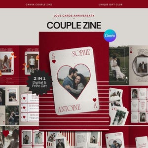 Puede incluir: Una plantilla de zine para parejas digital e impresa con un diseño de carta de juego y un marco de fotos en forma de corazón. El texto incluye "COUPLE ZINE", "LOVE CARDS ANNIVERSARY", "2 IN 1 DIGITAL & PRINT GIFT", "SOPHIE", "ANTOINE" y "CHEERS TO YEAR ONE".