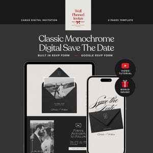 Plantilla de sitio web de lujo silencioso para guardar la fecha, elegante sitio web de boda minimalista con diseño digital monocromático para guardar la fecha, invitación editable en Canva.