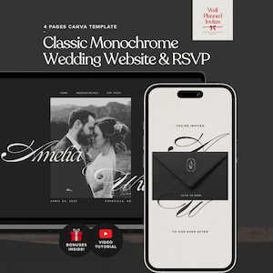 Könnte beinhalten: Eine digitale Vorlage für eine Hochzeitswebsite und RSVP, angezeigt auf einem Laptop und Smartphone. Das Design ist klassisch monochrom, mit dem Text "Classic Monochrome Wedding Website & RSVP". Das Smartphone zeigt einen schwarzen Umschlag mit dem Text "You're Invited".