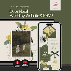 Floral Olive Hochzeitswebsite Vorlage, Garten Digitale Hochzeitseinladung, Romantische Hochzeit für altes Geld, Vintage Botanische Online Antwort