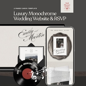 Può includere: Un modello Canva di 4 pagine per un sito web di matrimonio monocromatico di lusso e RSVP. Il design mostra un laptop e uno smartphone con tipografia elegante, una grafica di un disco in vinile e dettagli del matrimonio con il testo Well Planned Invites.