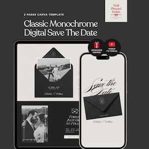 Może przedstawiać: Cyfrowy szablon zaproszenia ślubnego w klasycznym monochromatycznym stylu. Projekt zawiera czarną kopertę ze zdjęciem, tekst "Save the Date" i imiona pary. Zawiera bonusy i samouczek wideo. Idealny do cyfrowych zaproszeń.