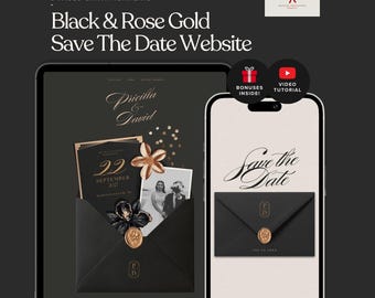 Modello di sito web Save the Date in stile vintage, invito di nozze nero per sito web, invito digitale Save the Date unico, annuncio di nozze di lusso