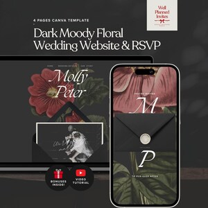 Könnte beinhalten: Eine digitale Hochzeitseinladungsvorlage, die auf einem Laptop und Smartphone angezeigt wird. Das Design zeigt dunkle, stimmungsvolle florale Elemente mit den Namen "Molly & Peter". Das Smartphone zeigt eine Einladung mit dem Buchstaben "M".