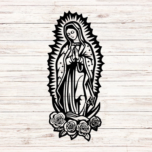 Virgen de Guadalupe SVG, Virgin Mary Flowers Svg Png, Virgin of Mexico With Roses, Mother Mary Svg Lady Guadalupe Vector Religious Art