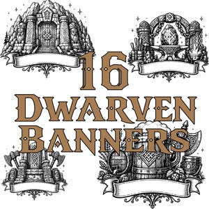 Op de afbeelding: Een verzameling zwart-wit lijntekeningen met vier verschillende scènes en lege banners voor tekst. De centrale tekst luidt 16 DWARVEN BANNERS in bruin. De scènes bevatten een stenen bergpoort, een gloeiend kristal op een aambeeld, een stenen troon met bijlen en een houten biervat met hop.