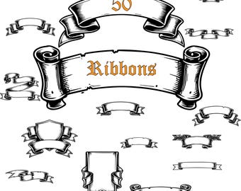 50 vintage bandbanderoller SVG-paket | Tatueringsstil rullar | Svartvita band | SVG PNG