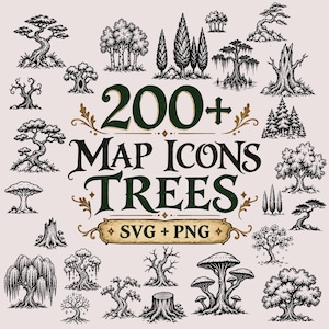 Könnte beinhalten: Eine Sammlung von schwarz-weißen Baumillustrationen für Karten-Icons, die verschiedene Arten wie Kiefern, Weiden und Eichen zeigen. Der zentrale Text lautet 200+ MAP ICONS TREES SVG + PNG, umgeben von dekorativen Verzierungen auf hellem Grund.