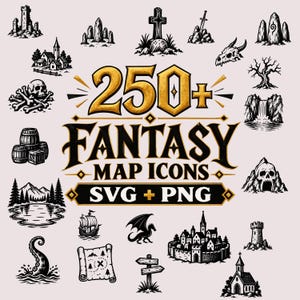 Może przedstawiać: Kolekcja czarno-białych ikon map fantasy przedstawiających zamki, czaszki, statki, smoki i krajobrazy. Centralny tekst głosi 250+ FANTASY MAP ICONS SVG + PNG złotymi i czarnymi literami, prezentując różne elementy graficzne.