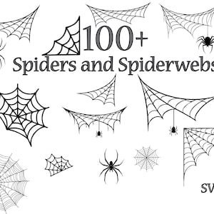 May include: Black and white illustrations of spiders and spiderwebs. The image includes various spiderweb designs, some with spiders hanging from them. Text reads "100+ Spiders and Spiderwebs" and "SVG+PNG".