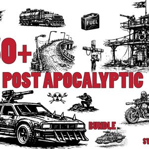 Puede incluir: Ilustraciones en blanco y negro con temática post-apocalíptica. La imagen presenta vehículos, estructuras y símbolos, incluyendo un coche con púas y el texto "150+ POST APOCALYPTIC BUNDLE SVG+PNG".