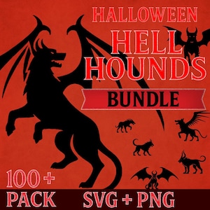 Peut inclure: Un ensemble graphique sur le thème d'Halloween, avec un schéma de couleurs rouge et noir. L'image présente le texte "Halloween Hell Hounds Bundle" et comprend diverses illustrations de silhouettes de créatures démoniaques, avec le texte "100+ Pack SVG + PNG".
