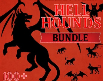 Pack de plus de 100 images SVG et PNG de chiens infernaux | Clipart de chiens démoniaques | Silhouettes de chiens infernaux | Monstres fantastiques gothiques vectoriels | Fichiers Cricut et Silhouette