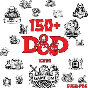Puede incluir: Iconos de Dungeons & Dragons en blanco y negro con texto rojo que dice "150+ D&D Icons". La imagen incluye ilustraciones de un duende de dados, un mago, un dragón y otros elementos de fantasía. El texto "Game On" también es visible.