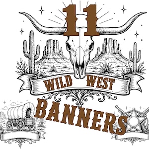 11 Wild West Banners SVG + PNG Bundle | Cowboy Western Frames | Vintage Ribbon Designs | Rodeo Sheriff Saloon Clipart | Digital Download