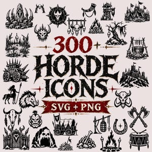 Op de afbeelding: Een verzameling zwart-wit grafische iconen met schedels, wapens, tribale structuren en fantasiewezens. De centrale tekst luidt 300+ HORDE ICONS SVG + PNG, omringd door diverse illustraties waaronder een ketel, een wagen en een centaur.