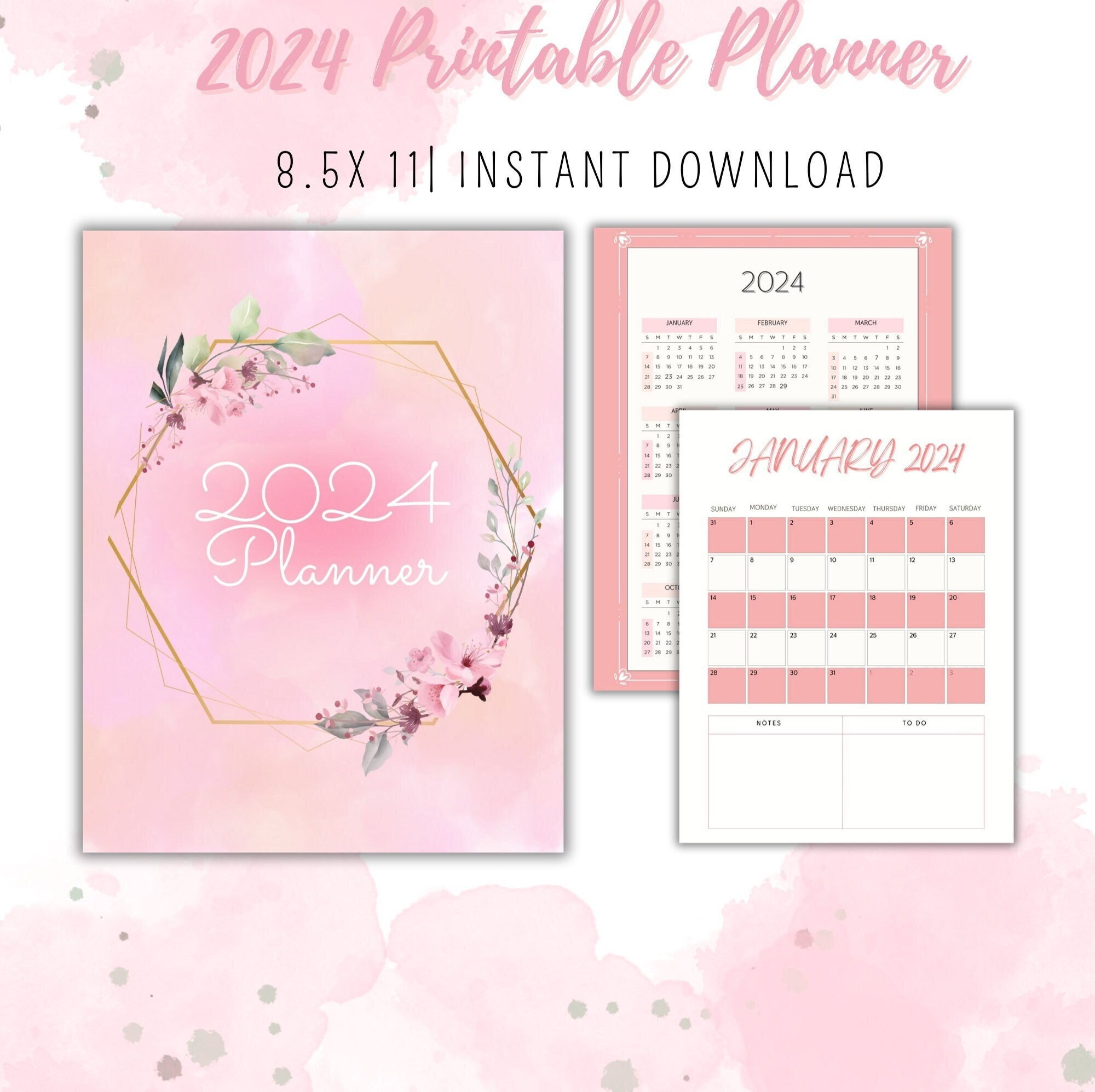2024 Pink Printable Planner - Aesthetic Pink & White Chic Design - Etsy