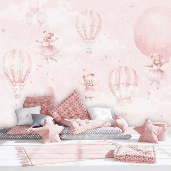 Kids Ballerina Baby Bear Wallpaper | Kids Watercolor Pink Sky Hot Air Ballon Peel and Stick | Girls Fantasy Room Wall Mural