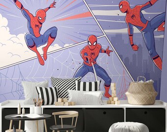 Cartoon Spiderman Tapete Jungenzimmer | Superhero Wandbild Schälen und Aufkleben für Kinderzimmer | Spiderman Wandbild Kinderzimmer abnehmbar