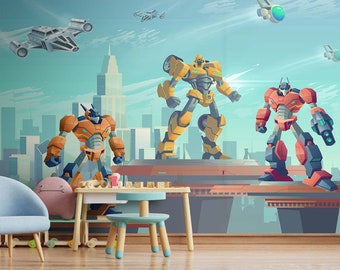 Maßgeschneiderte Jungen-Kinderzimmer-Hintergrundbilder Transformers | Transformers-Hintergrundbild | Abziehen und aufkleben | Transformers Wanddekoration | Superhelden-Wandbild