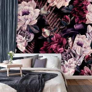 Dark Floral Wallpaper | Dark Peony Flowers Wall Mural | Floral Wallpaper Peel and Stick | Watercolor Dark Peony Flowers Wall Mural