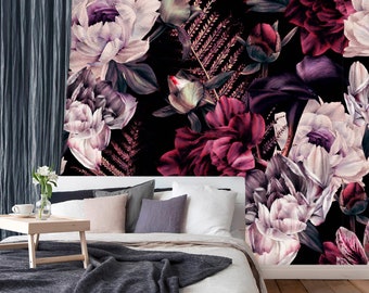 Dark Floral Wallpaper | Dark Peony Flowers Wall Mural | Floral Wallpaper Peel and Stick | Watercolor Dark Peony Flowers Wall Mural