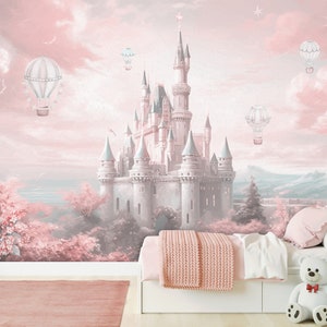 Magic Princess Castle Wallpaper | Princess her Pink Clouds Between Castle Fairy Tale Wall Mural Peel and Stick