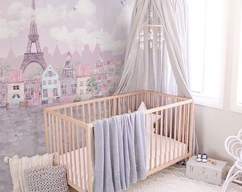 Kids Watercolor Design Eiffel Tower Wallpaper Peel and Stick | Easy Removable Kids Room Pink Paris View Wall Mural