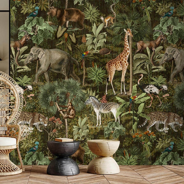 Papier peint forêt tropicale d'aspect vintage et animaux sauvages avec plantes exotiques | Papier peint autocollant Animaux de la jungle