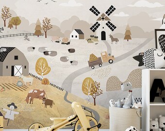 Kids Wallpaper Peel and Stick | Kids Room Look with Cute Farm Animals Wall Mural | Easy Removable Cute Farm Landscape Wall Mural