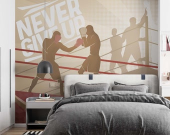 Boxing Match Young Room Wallpaper | Motivational Wall Art For Men Peel and Stick | Never Give Up Wall Mural