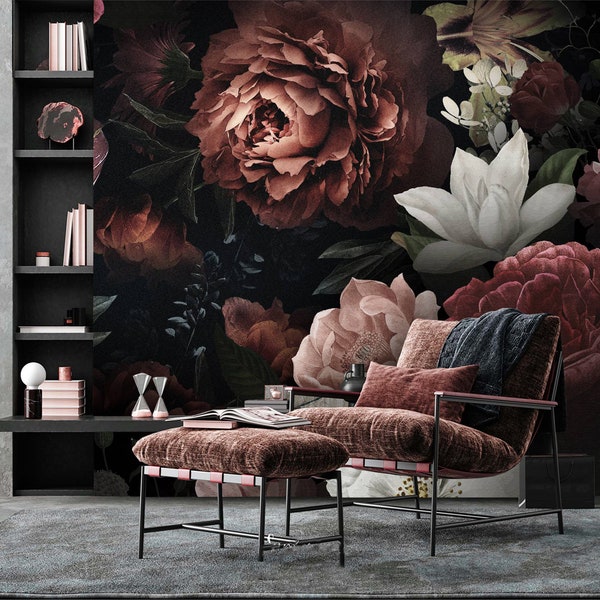 Dark Floral Wallpaper Peel and Stick Dark Peony Flowers Wall Mural | Dark Floral Wallpaper Realistic Flower Wall Mural Peel and Stick