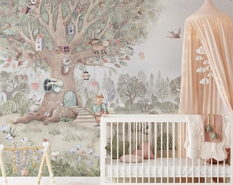 Treehouse and Forest Animals Kids Wallpaper Peel and Stick | Forest Landscape Wall Mural | Cute Animals in the forest Wall Mural